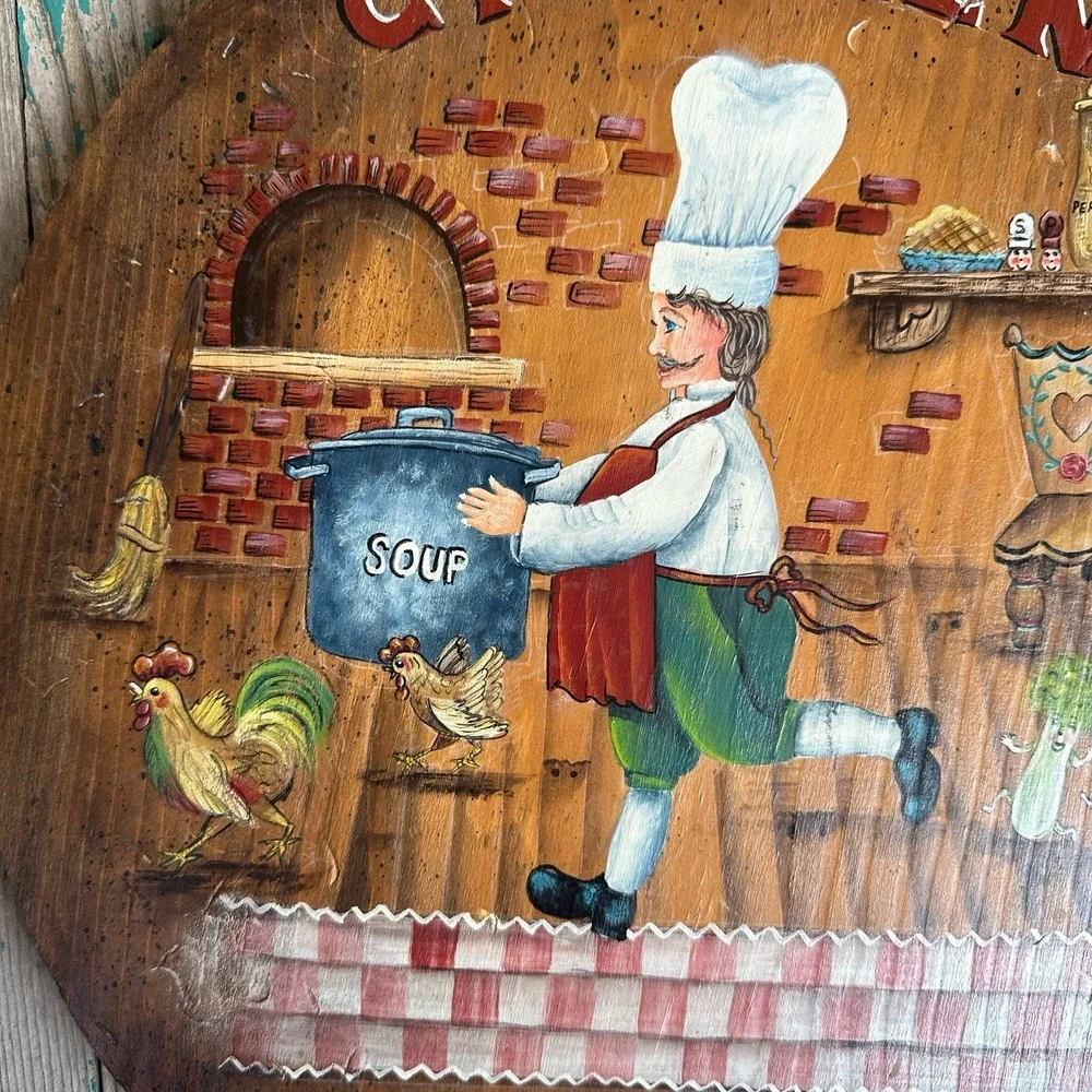 VTG Folk Art Hand Painted Wooden Cutting Board Wall Decor Chicken Soup Signed